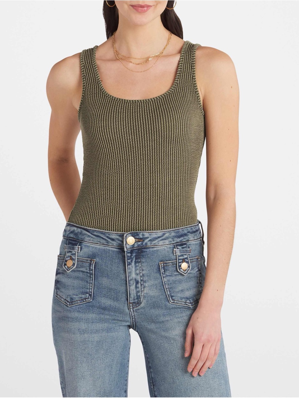 Ribbed Olive Scoop-Neck Bodysuit